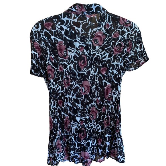 Apt.9 Womens Pleated Button-Down Collared Blouse Black/White/Pink Floral Pattern - Picture 2 of 8